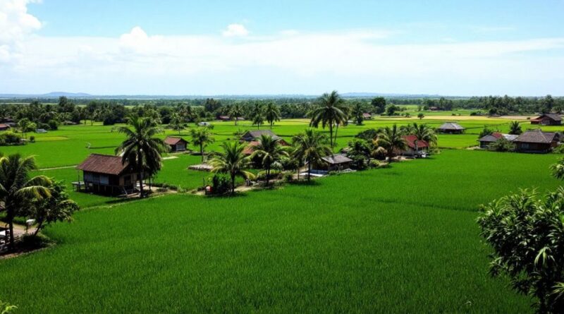 Pemandangan indah desa Arjawinangun dengan sawah hijau.